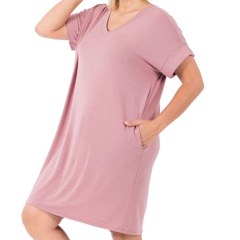 Rolled Short Sleeve V-Neck Dress with Side Pockets