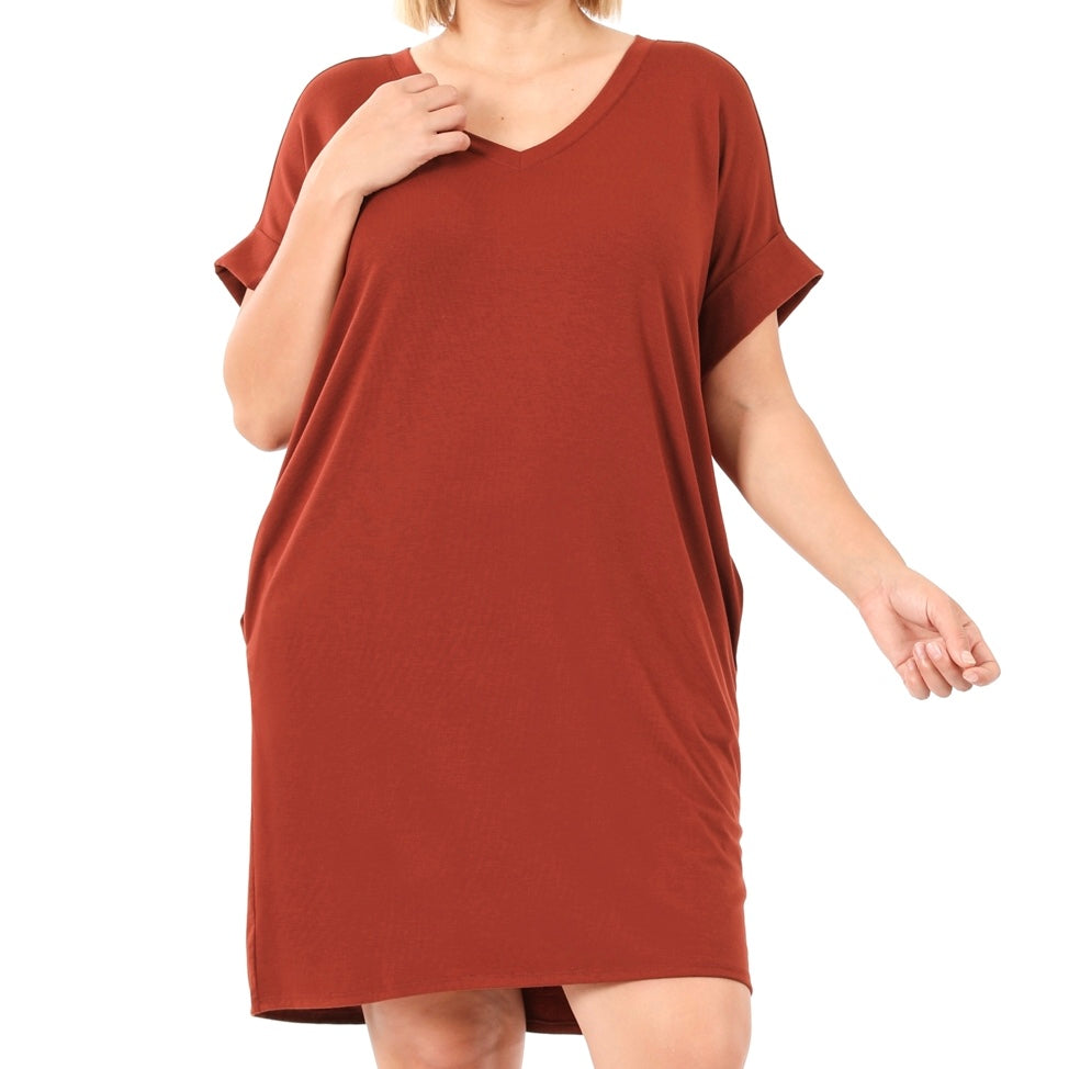 Rolled Short Sleeve V-Neck Dress with Side Pockets
