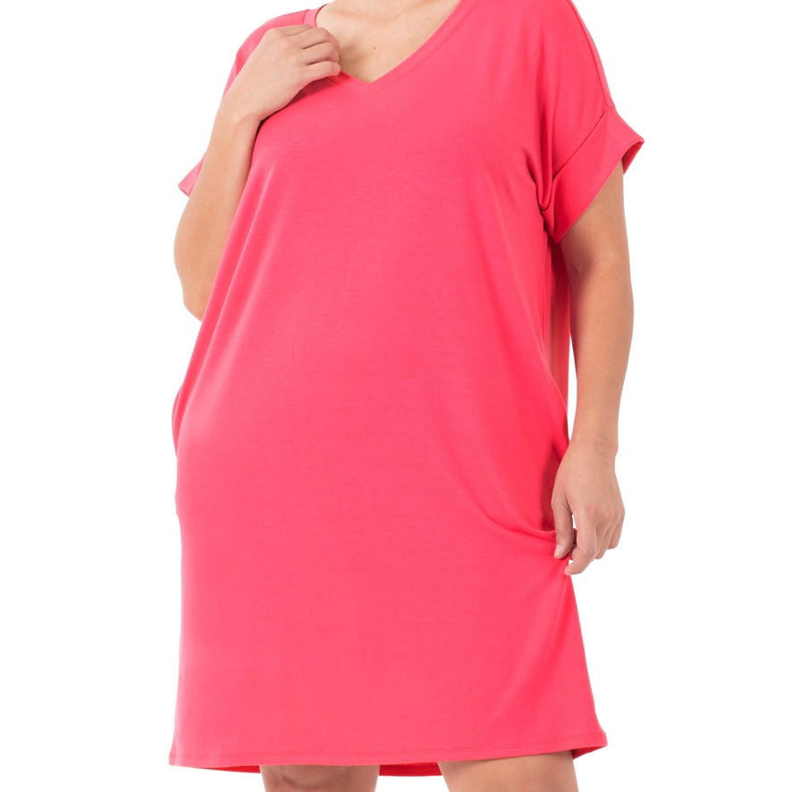 Rolled Short Sleeve V-Neck Dress with Side Pockets