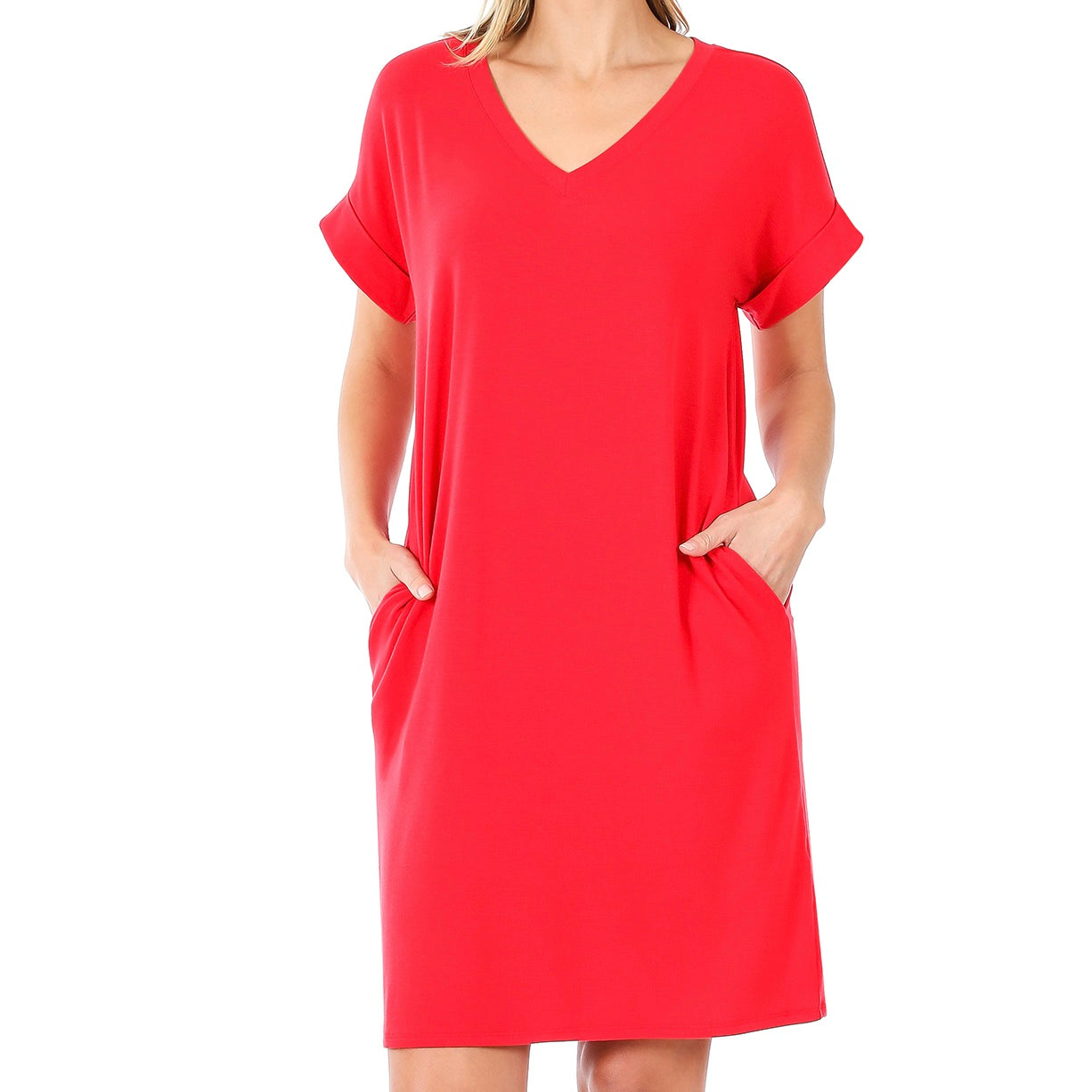 Rolled Short Sleeve V-Neck Dress with Side Pockets