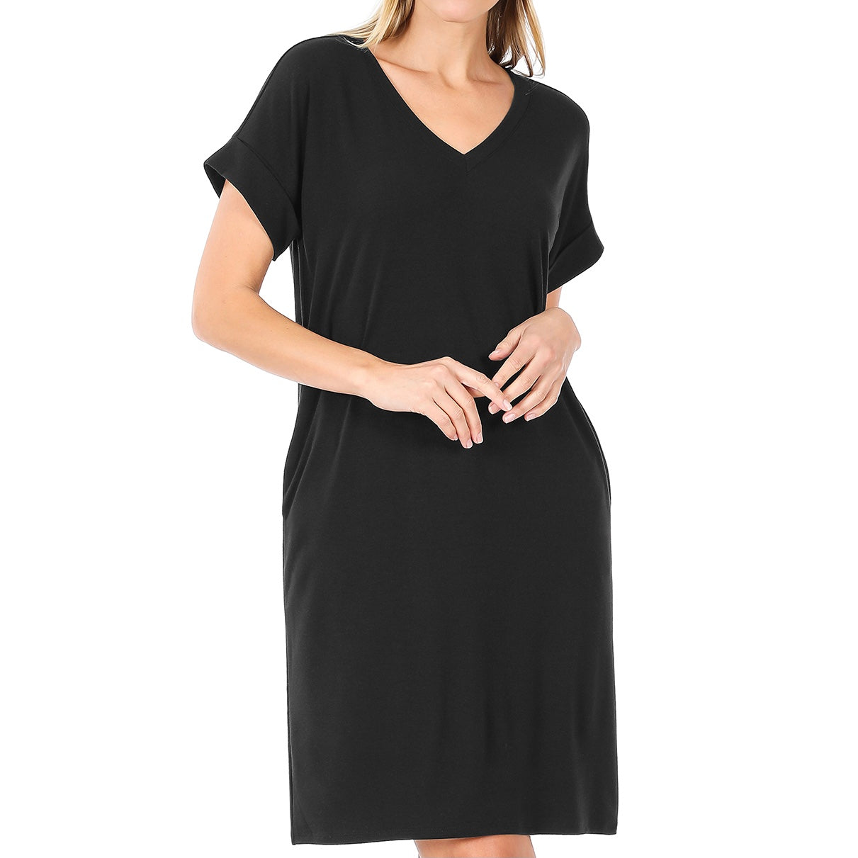 Rolled Short Sleeve V-Neck Dress with Side Pockets