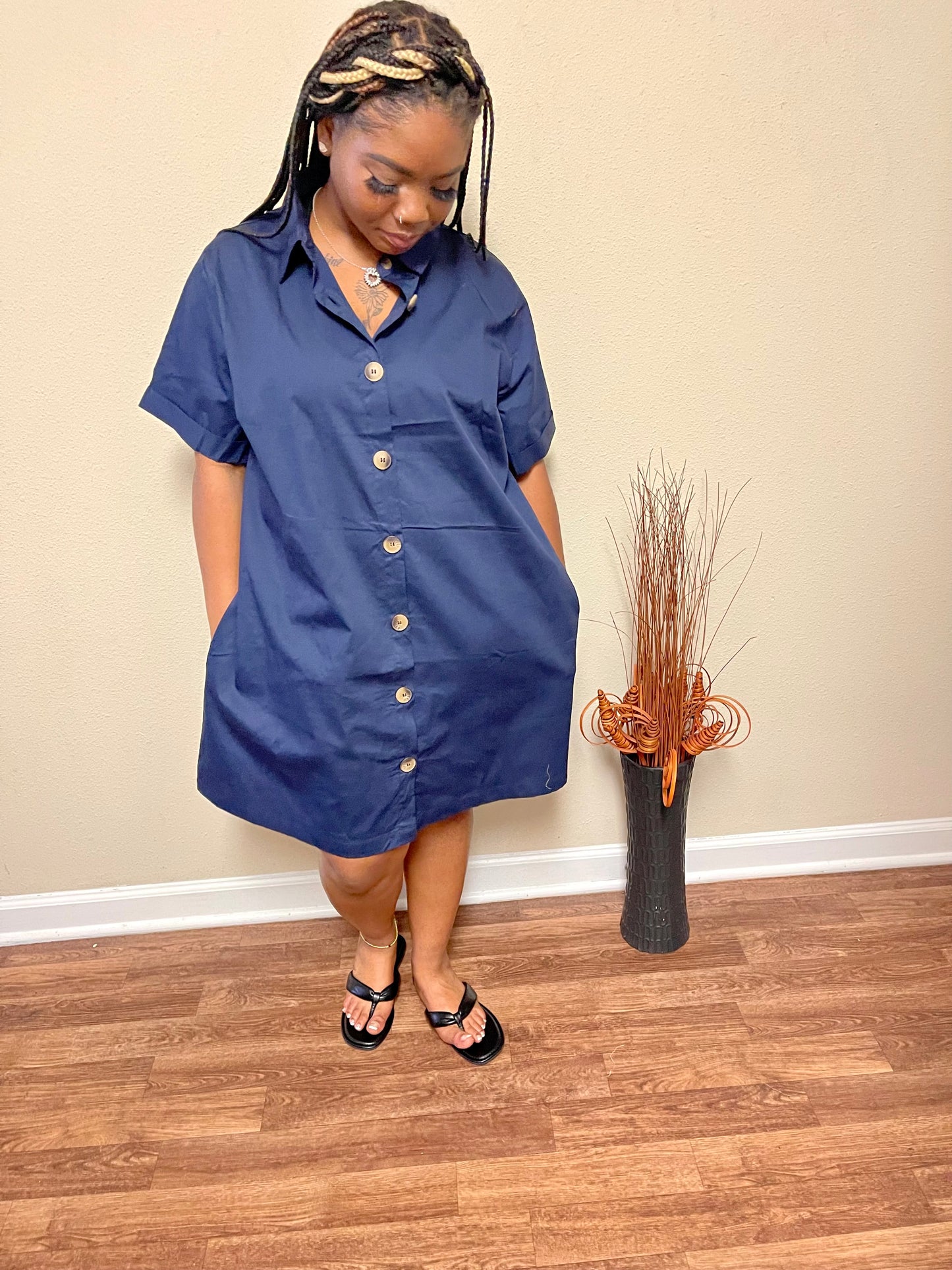 Woven Cotton Button Front Shirt Dress