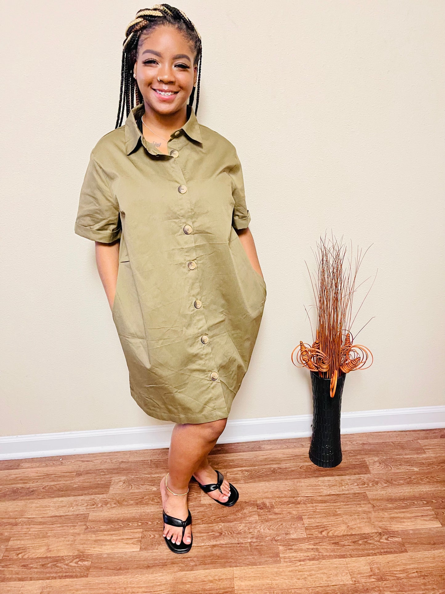 Woven Cotton Button Front Shirt Dress
