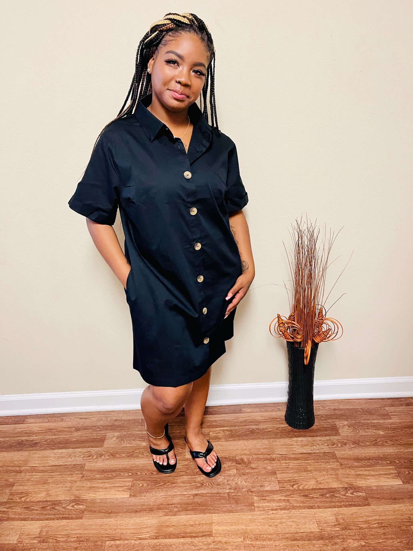 Woven Cotton Button Front Shirt Dress