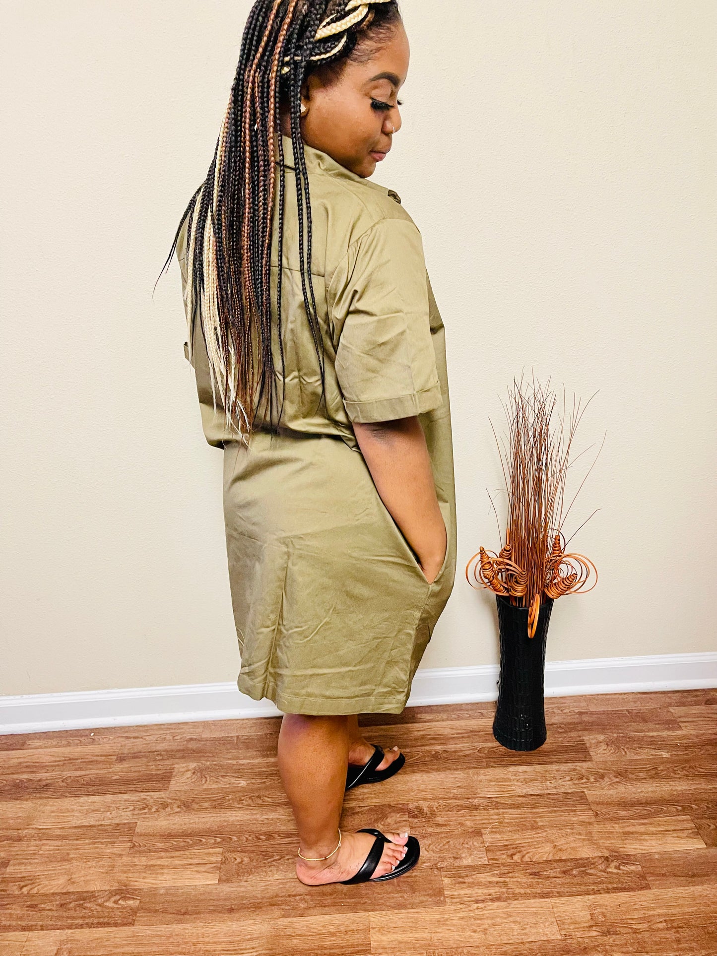 Woven Cotton Button Front Shirt Dress
