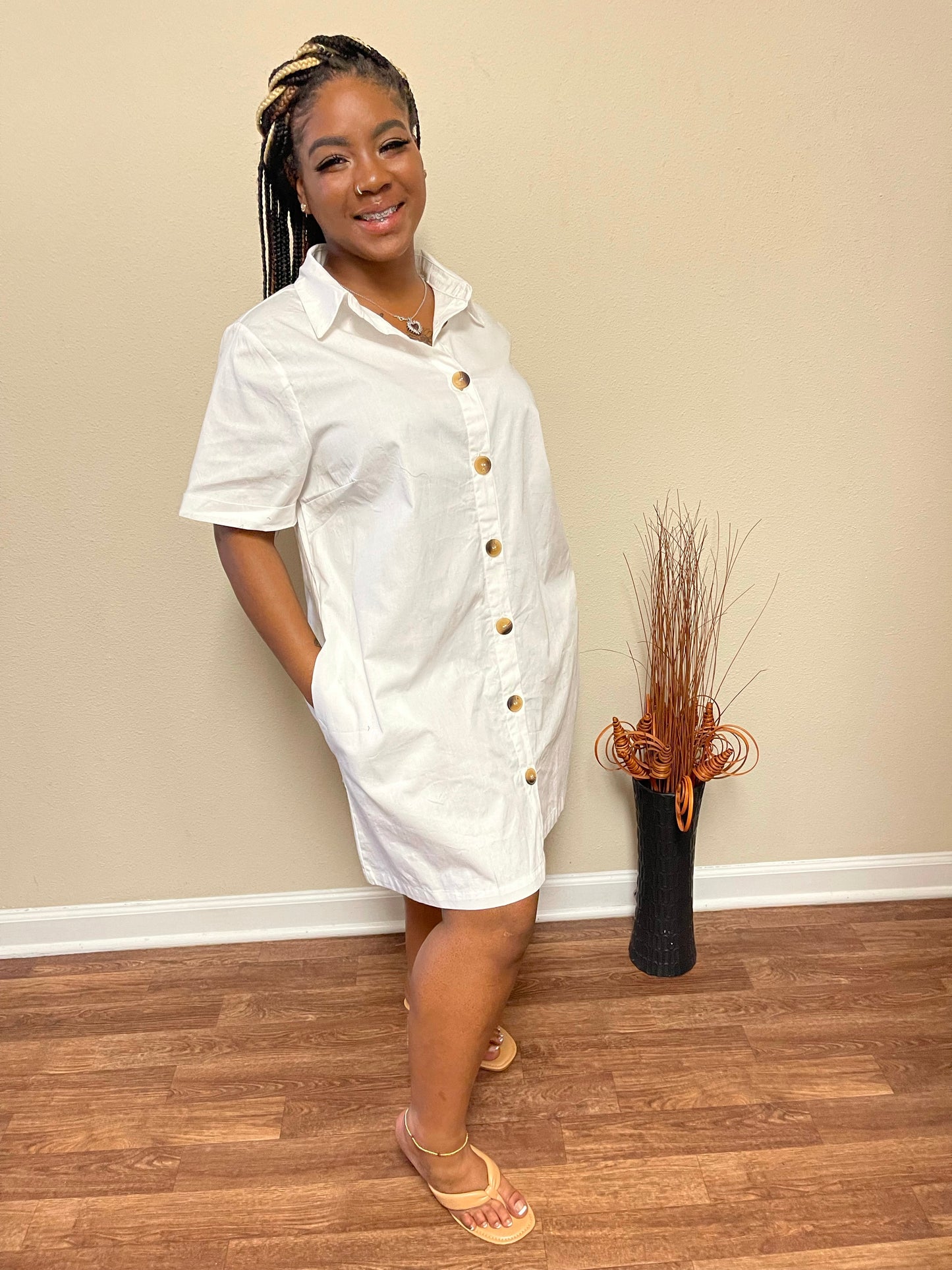 Woven Cotton Button Front Shirt Dress
