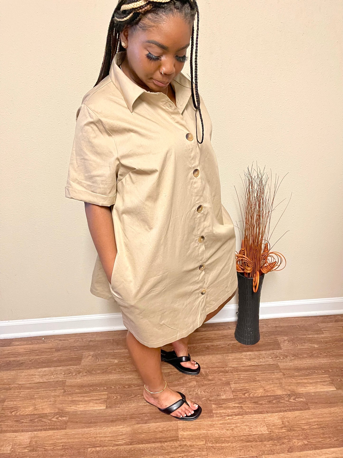 Woven Cotton Button Front Shirt Dress