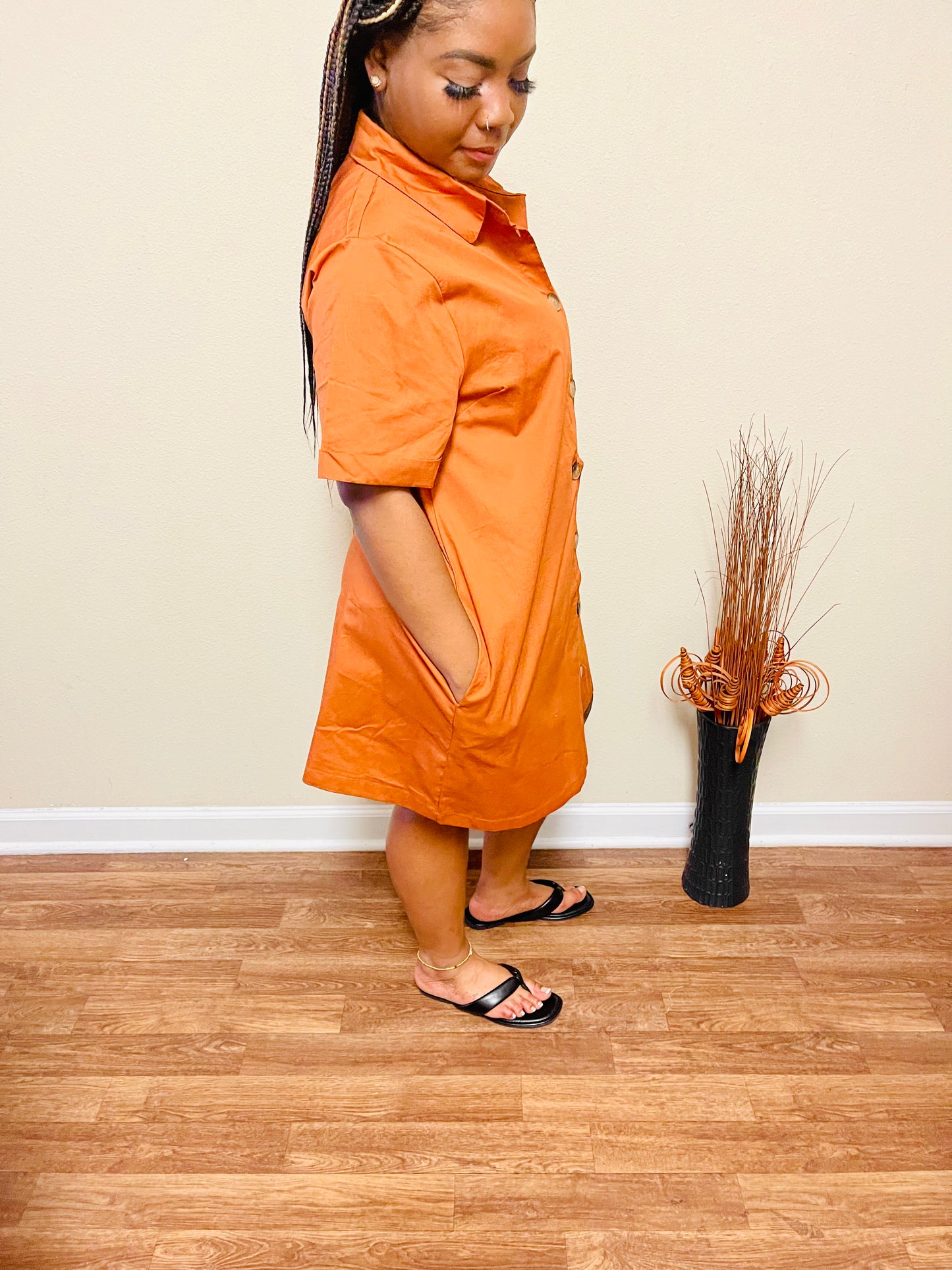 Woven Cotton Button Front Shirt Dress
