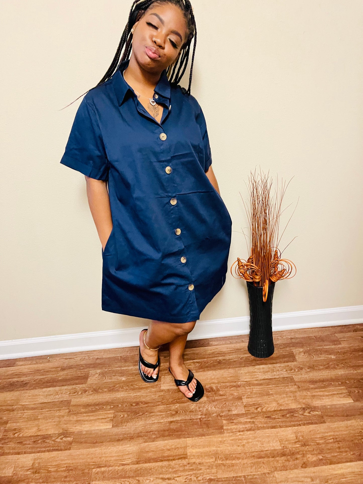 Woven Cotton Button Front Shirt Dress
