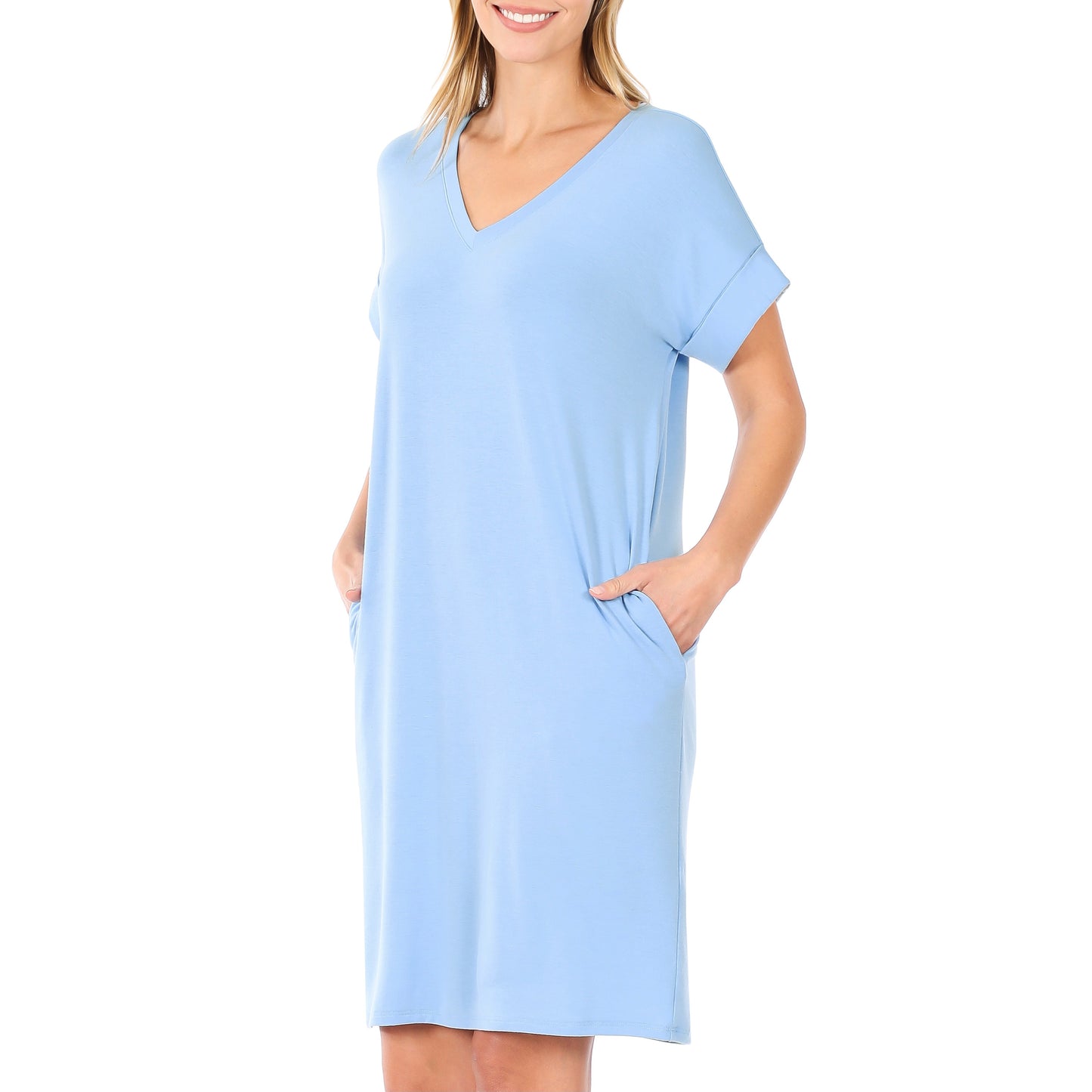 Rolled Short Sleeve V-Neck Dress with Side Pockets